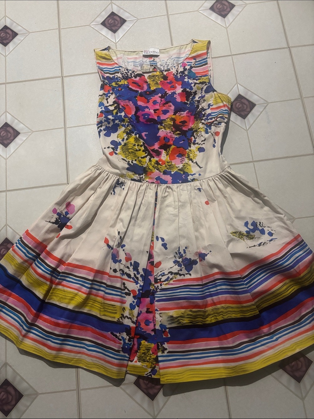RED Valentino Cream Mini Dress with Multicolor Floral Splash and Stripes